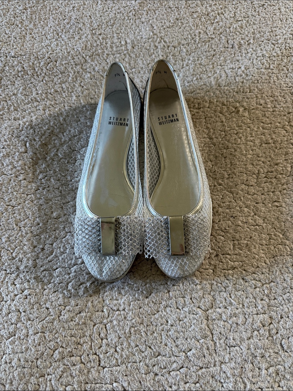 Stuart Weitzman Silver Mesh Ballet Flats with Metallic Bow Toe Accent 7.5 N
